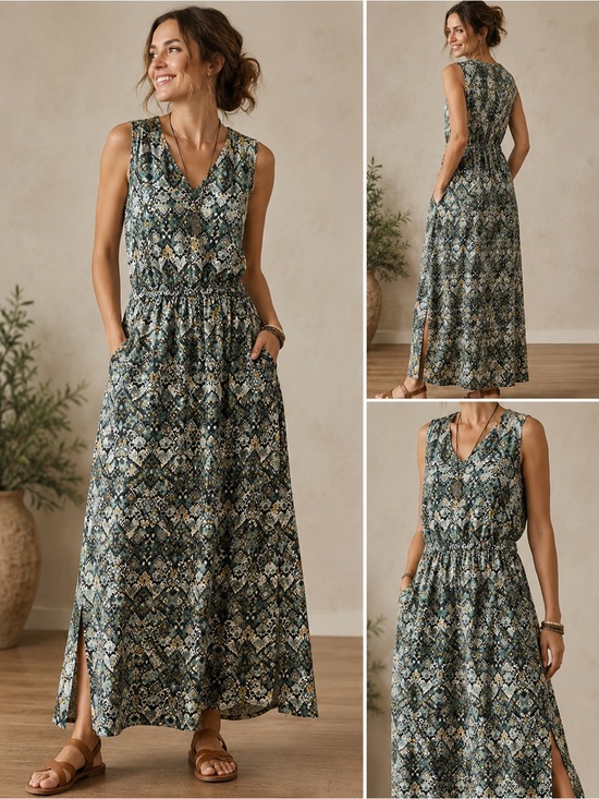 Garnet Hill Dresses & Skirts - Garnet Hill Linen Maxi Dress 8 Green Side Slits Pockets Lagenlook Granola